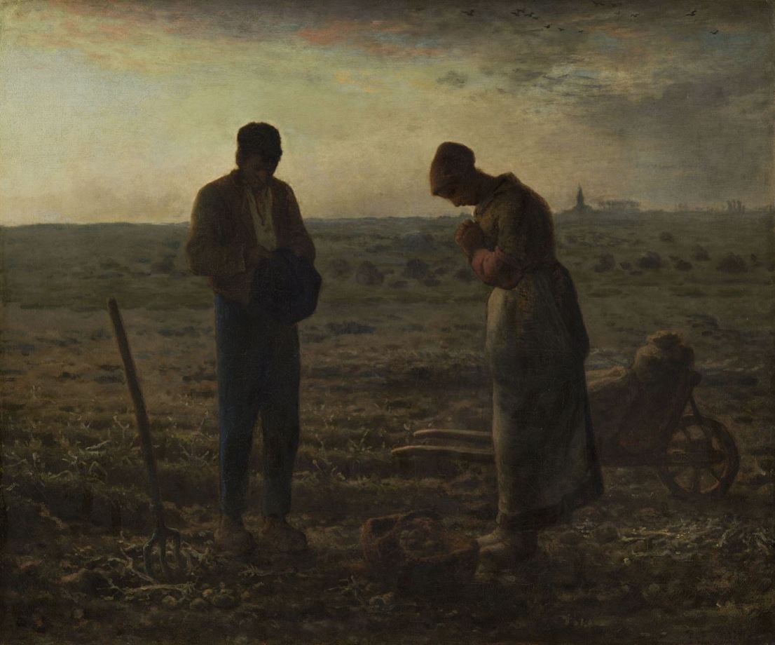 The Angelus by Jean-François Millet (1857-1859) - Famous religious painting depicting two peasant farmers praying at dusk in a French field, with church spire visible in distance. Oil on canvas showing rural Catholic devotion and agricultural life in 19th century France. Musée d'Orsay masterpiece.